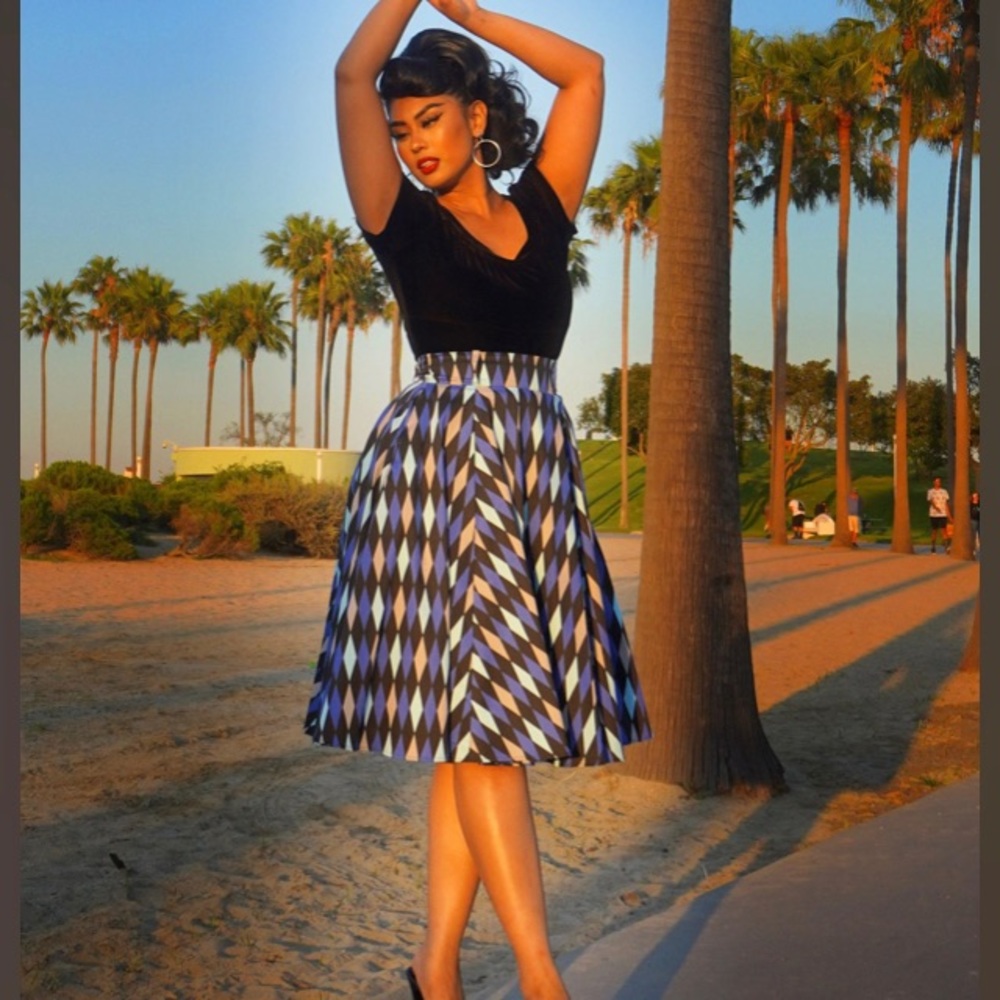 Doris vintage swing skirt in house harlequin blue